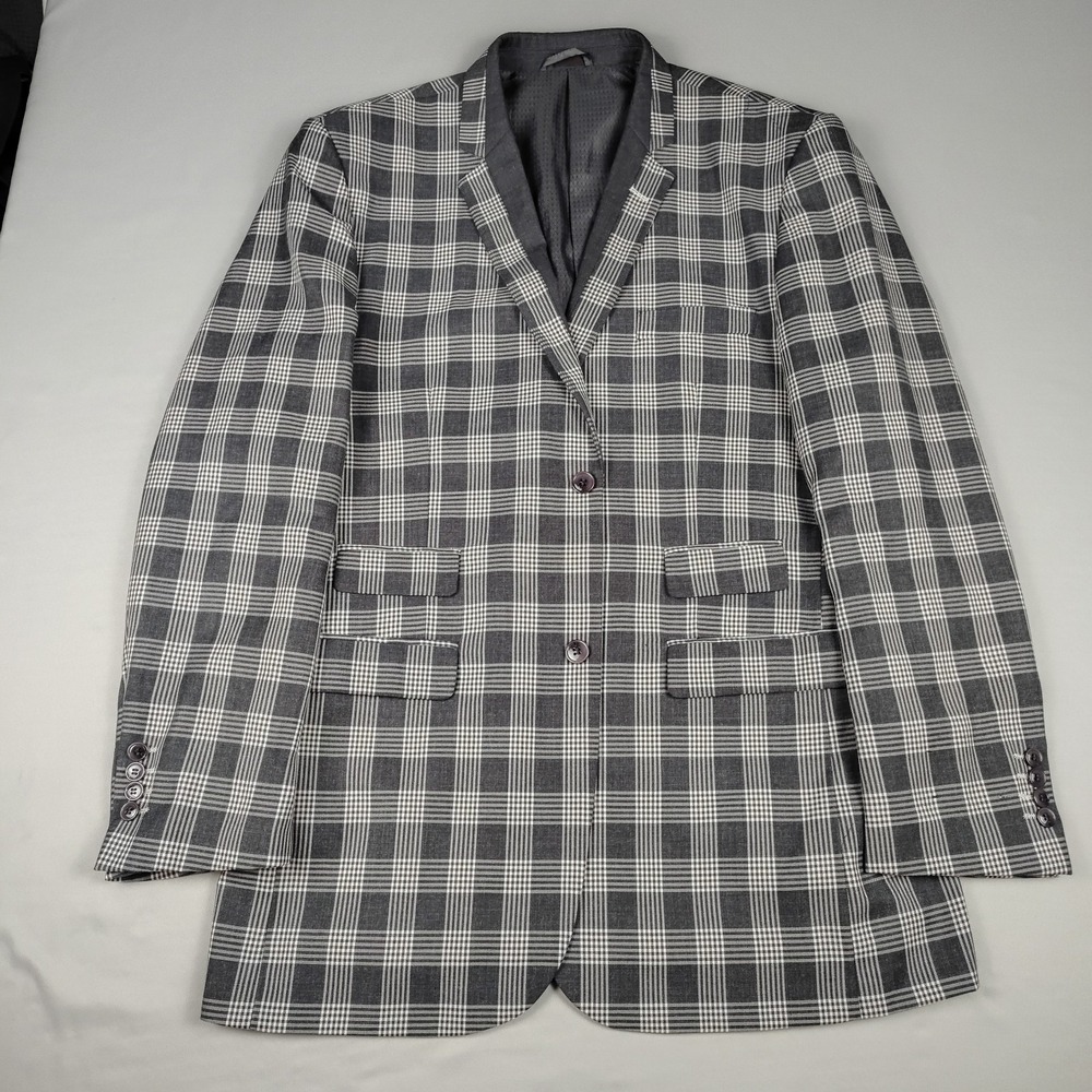EJ Samuel Sport Coat Men 44L Charcoal White Plaid Windowpane Blazer Modern